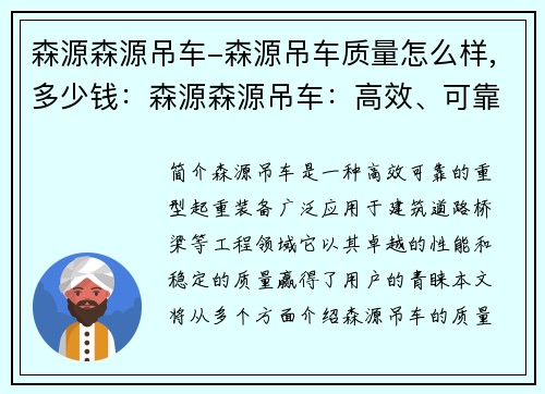 森源森源吊车-森源吊车质量怎么样,多少钱：森源森源吊车：高效、可靠的重型起重装备