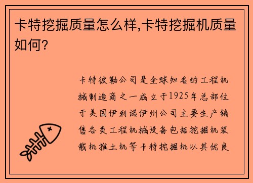卡特挖掘质量怎么样,卡特挖掘机质量如何？